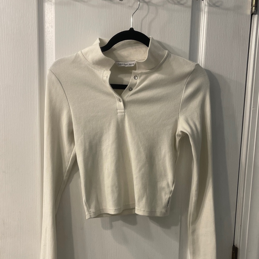 Calvin Klein Cream Long-Sleeve Henley Crop Top